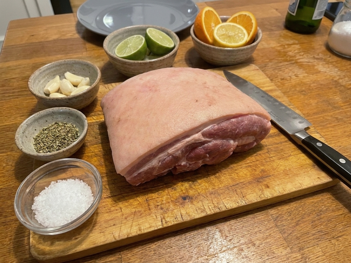 A raw bone-in pork shoulder on a cutting board with small bowls of garlic, oregano, salt, and citrus nearby