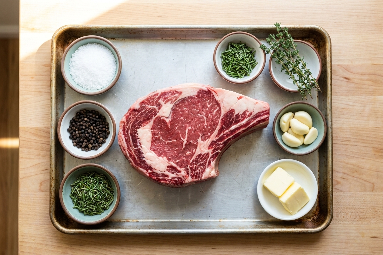 A raw bone-in prime rib roast on a rimmed baking sheet with bowls of kosher salt, black pepper, chopped rosemary, thyme, garlic, and butter on a light kitchen counter