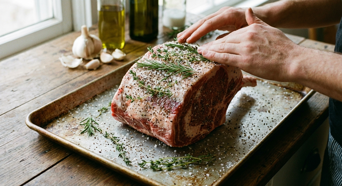 A raw bone-in rib roast on a sheet pan with salt, pepper, and herbs ready to be rubbed on