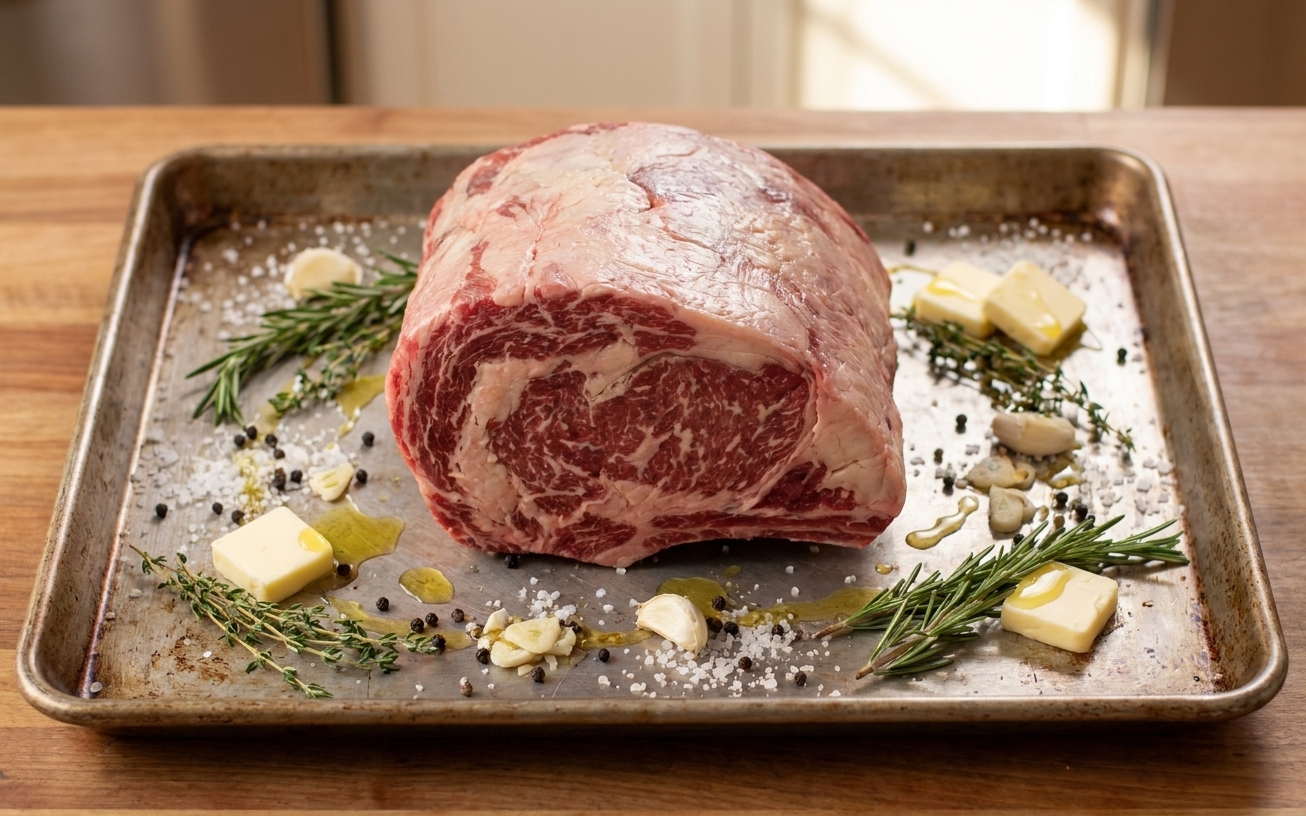 A raw boneless prime rib roast on a sheet pan surrounded by kosher salt, black pepper, garlic, rosemary, thyme, butter, and olive oil on a home kitchen counter