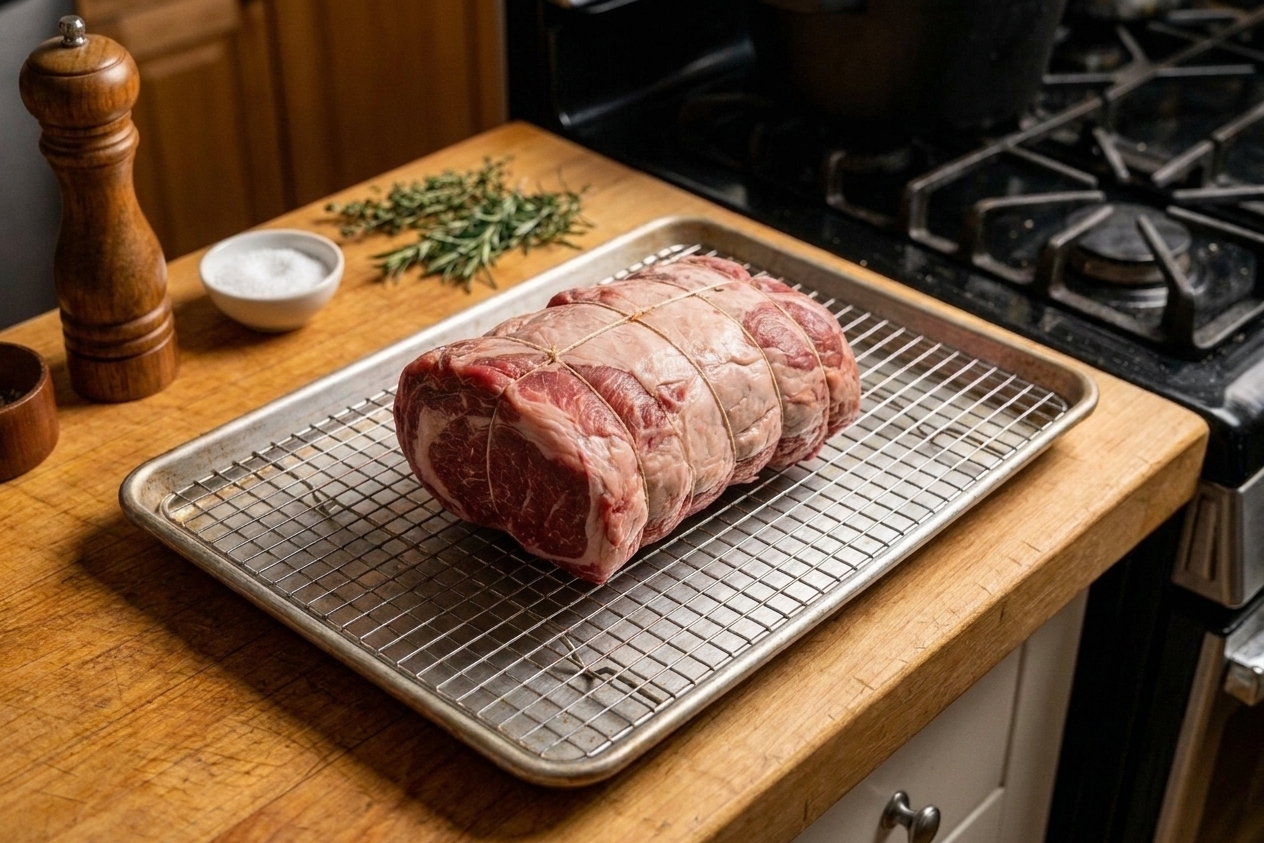 A raw boneless rib roast resting on a wire rack over a rimmed baking sheet on a kitchen counter, ready to be seasoned
