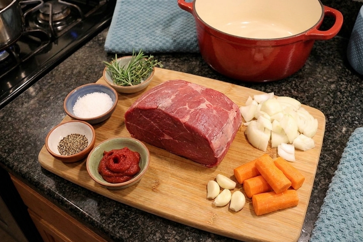 A raw bottom round roast on a cutting board with small bowls of salt, pepper, tomato paste, and herbs, plus onions, garlic, and carrots on a kitchen counter under warm light