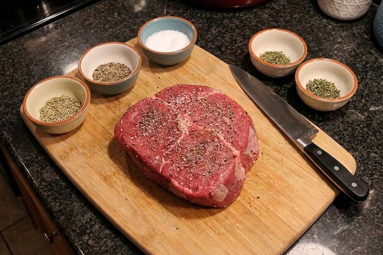 A raw bottom round roast patted dry and seasoned with salt and pepper on a wooden cutting board next to small bowls of spices