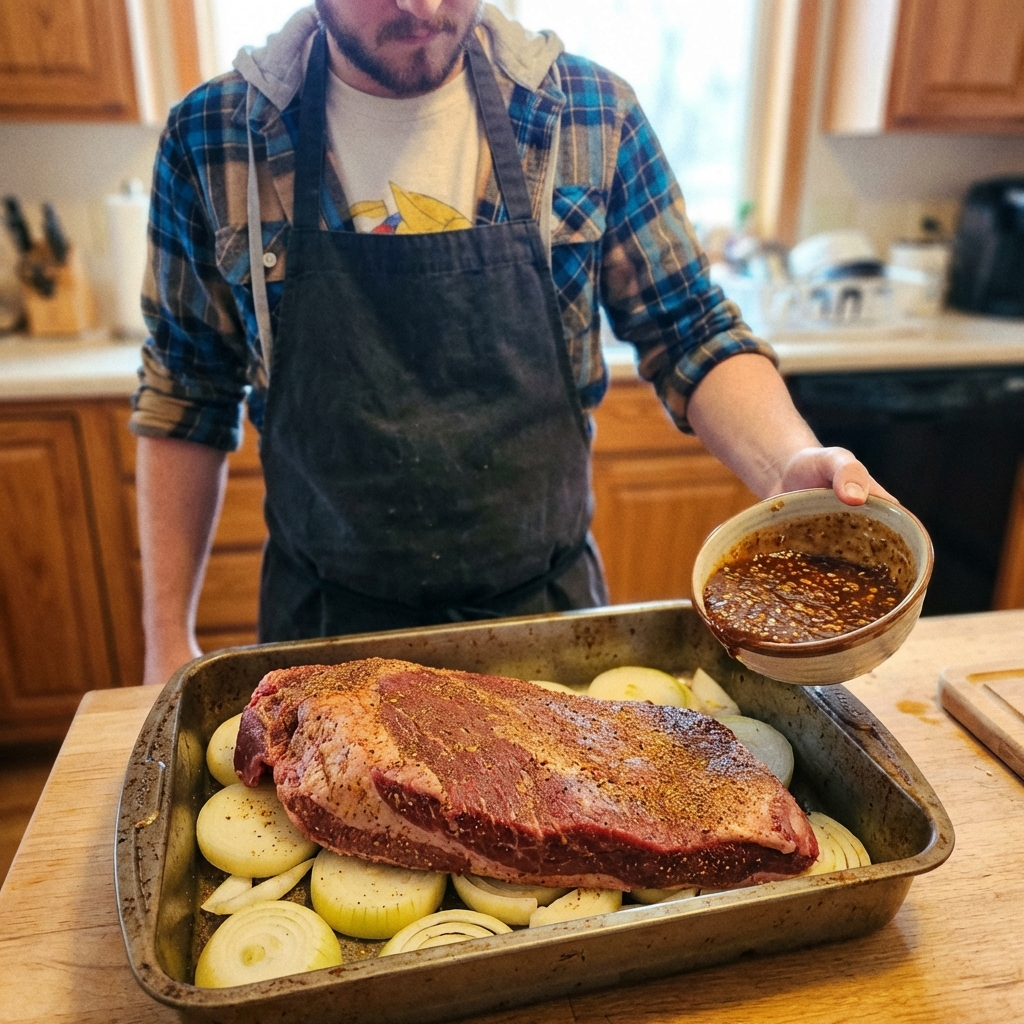 A raw brisket in a roasting pan surrounded by sliced onions with a bowl of nutty-sweet sauce ready to pour