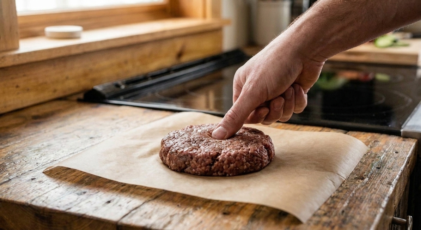 A raw burger patty on parchment paper with a thumb making a shallow dimple in the center