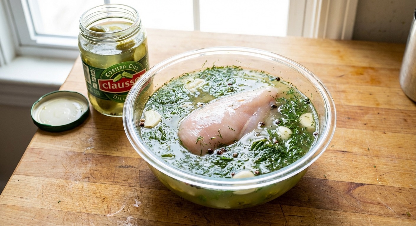 A raw chicken breast submerged in a glass bowl of pickle brine with visible dill and garlic pieces, sitting on a kitchen counter next to a jar of pickles, bright natural light