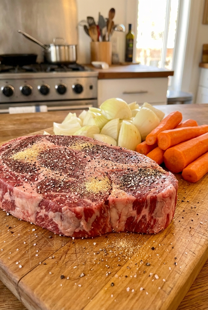 A raw chuck roast on a cutting board seasoned with salt, pepper, and garlic powder next to chopped onions and carrots