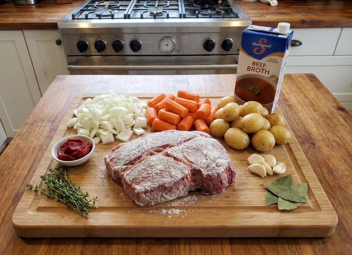 A raw chuck roast on a cutting board surrounded by onions, carrots, potatoes, garlic, beef broth, tomato paste, and herbs laid out on a kitchen counter