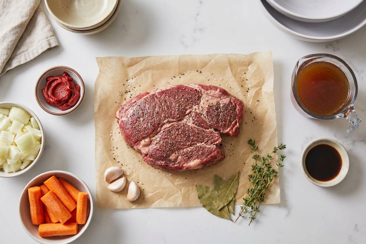 A raw chuck roast on parchment with kosher salt, black pepper, tomato paste, onions, carrots, garlic, beef broth, Worcestershire sauce, thyme, and bay leaves arranged on a clean kitchen counter in consistent warm lighting