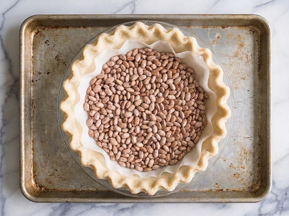 A raw crimped pie crust in a glass pie dish on a baking sheet, ready for blind baking