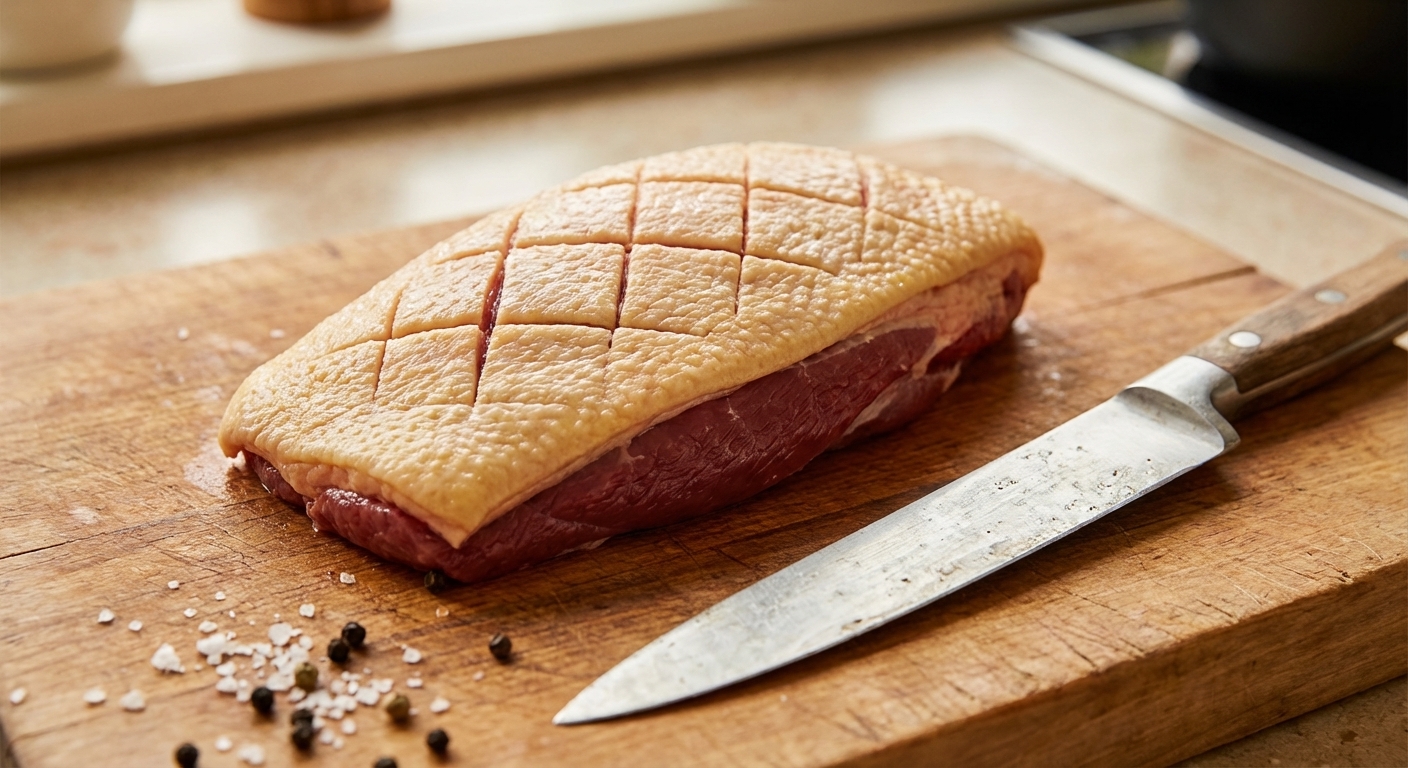 A raw duck breast on a wooden cutting board with the skin scored in a neat crosshatch pattern, a chef's knife nearby, close-up real photo