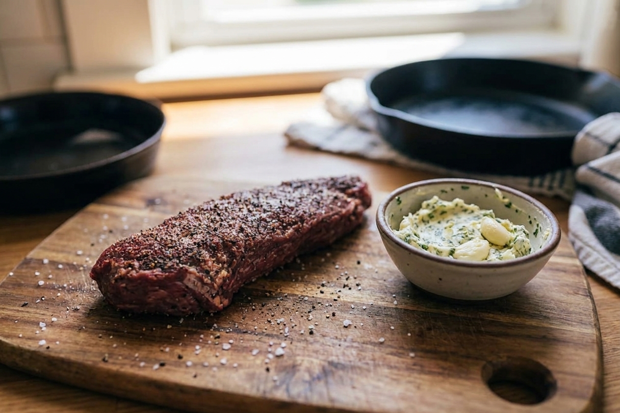 A raw hanger steak on a cutting board, evenly seasoned with salt and black pepper, with a small bowl of garlic herb butter nearby