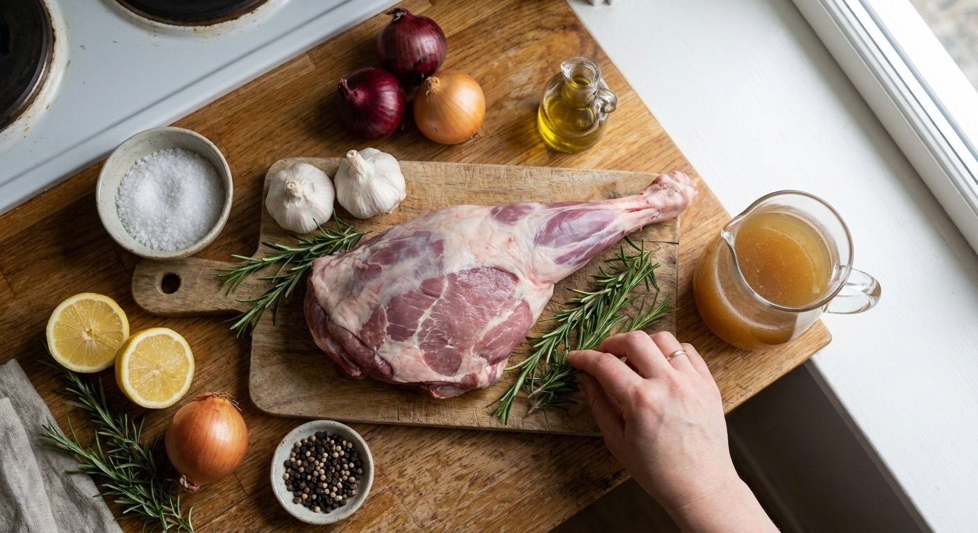 A raw leg of lamb with garlic, rosemary, lemon, olive oil, salt, pepper, onions, and broth arranged on a kitchen counter
