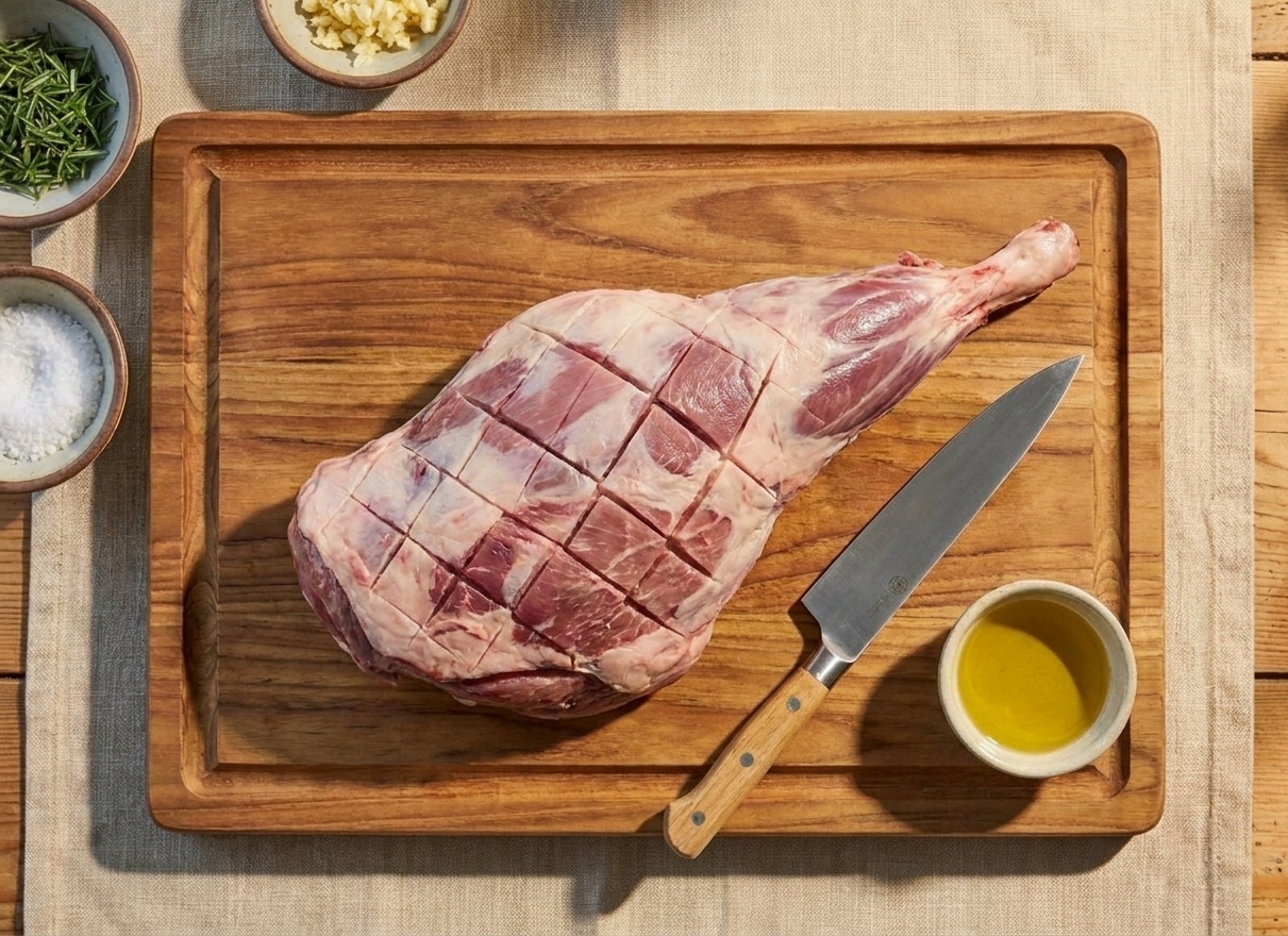 A raw leg of lamb with the fat cap scored in a crosshatch pattern on a cutting board, with a chef’s knife nearby