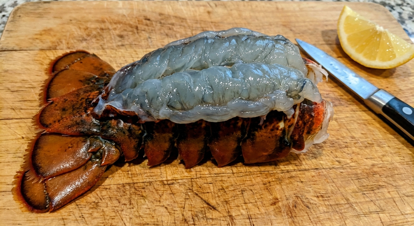 A raw lobster tail butterflied and pulled up to sit on top of the shell on a cutting board