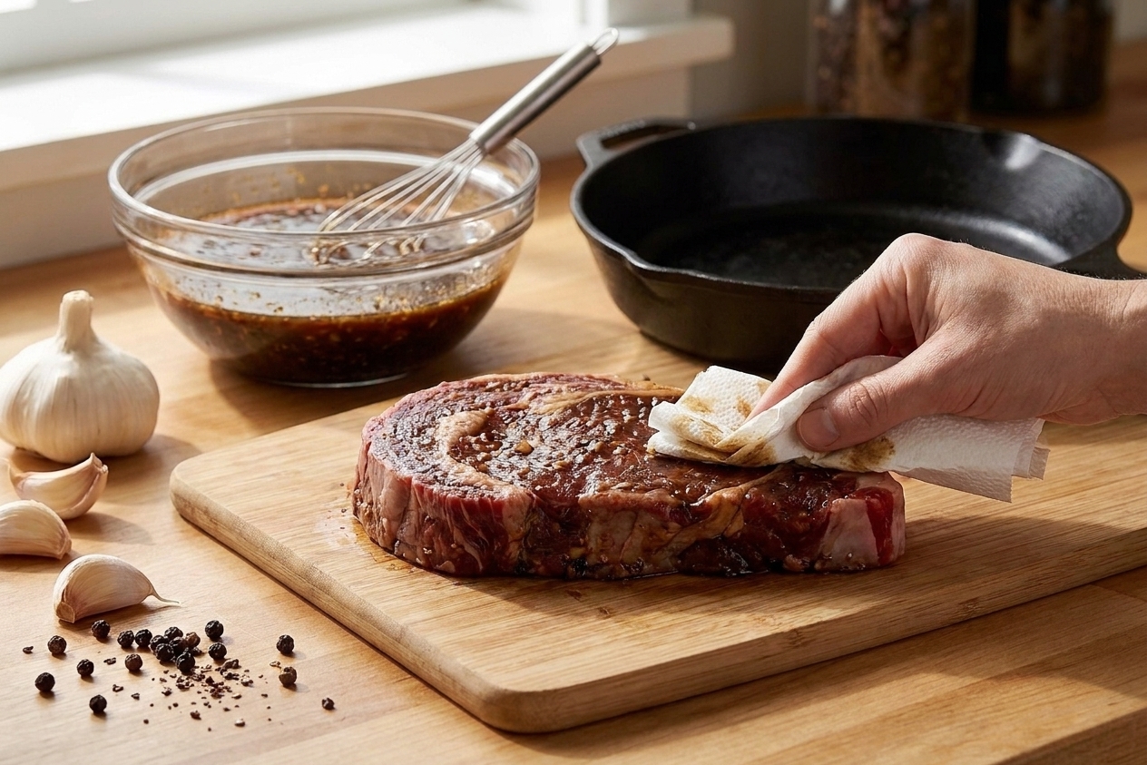 A raw marinated steak being patted dry with paper towels on a cutting board next to a cast iron skillet