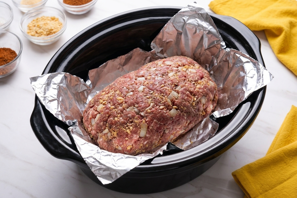 A raw meatloaf shaped into a loaf and placed on a foil sling inside a slow cooker insert