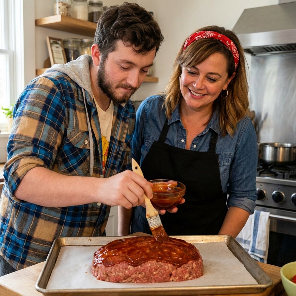 A raw meatloaf shaped into a low mound on a parchment-lined baking sheet with glaze being brushed on top