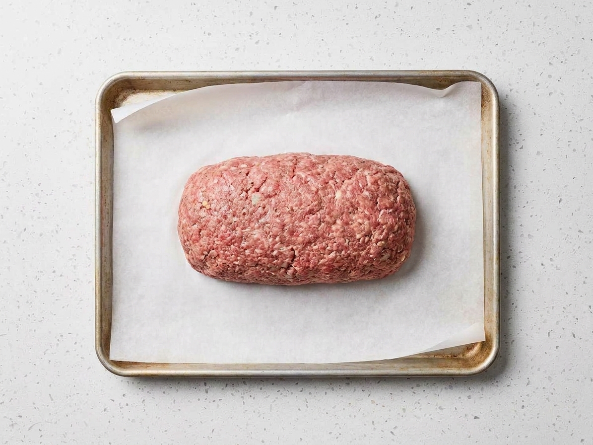 A raw meatloaf shaped into a neat loaf on parchment paper atop a rimmed baking sheet in a home kitchen