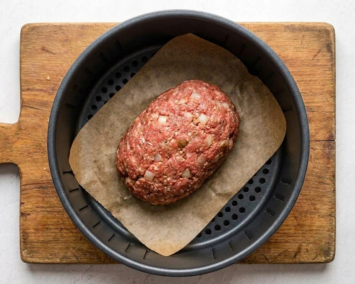 A raw meatloaf shaped into a small loaf on parchment paper placed inside an air fryer basket