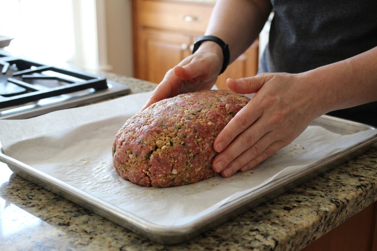 A raw meatloaf shaped into an oval on a parchment lined sheet pan in a bright home kitchen