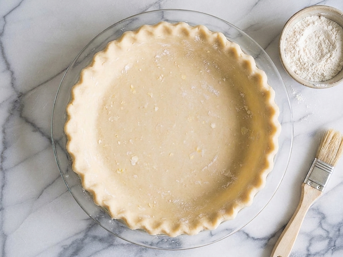 A raw pie crust fitted into a glass pie dish with neatly crimped edges, ready to chill before baking