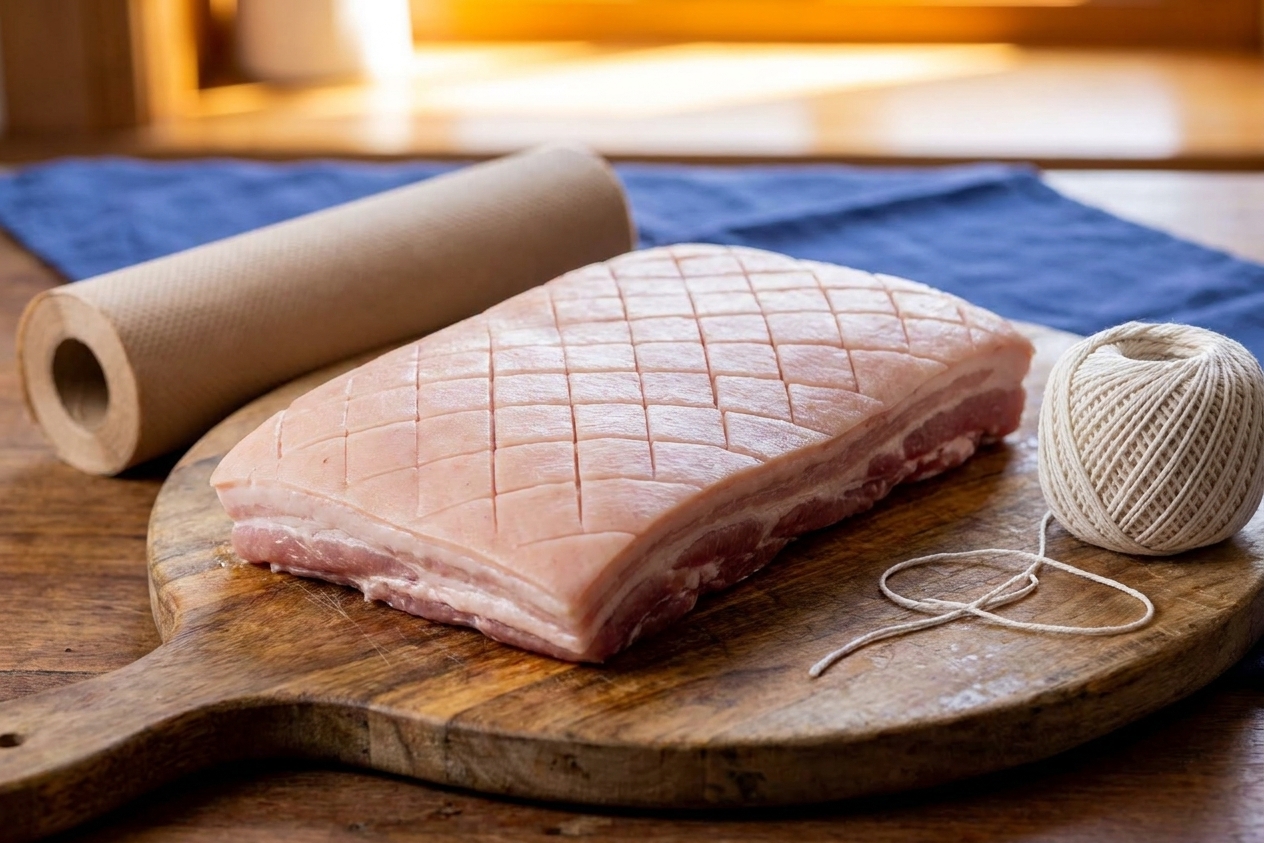 A raw pork belly slab skin-side up on a cutting board with paper towels and kitchen twine nearby