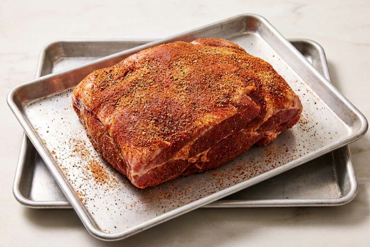 A raw pork butt coated evenly in dry rub resting on a rimmed baking sheet on a kitchen counter