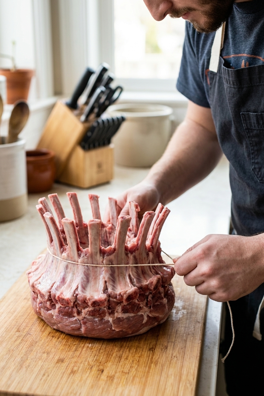 A raw pork crown roast on a cutting board being tied with butcher's twine into a circle shape, rib bones pointing upward, close-up kitchen photo
