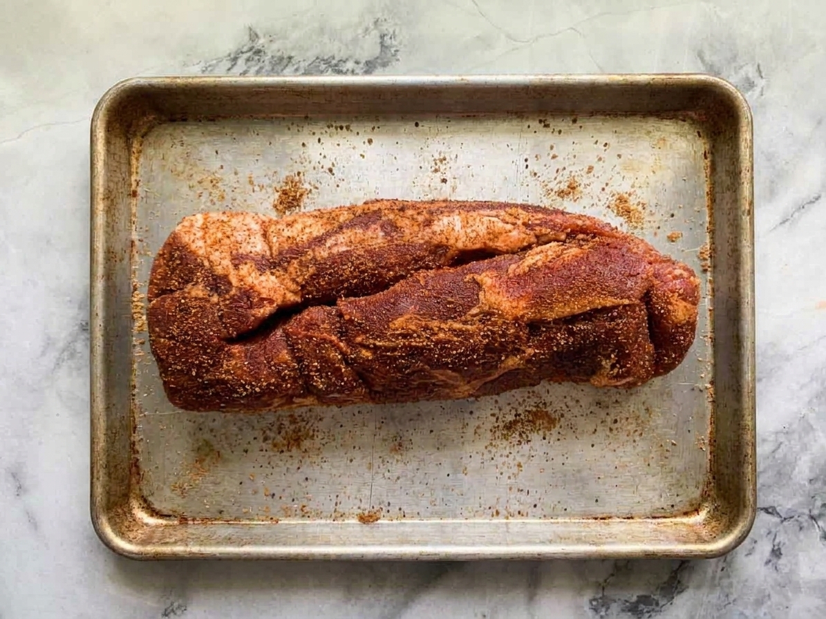 A raw pork loin fully coated in a brown sugar spice rub resting on a sheet pan on a kitchen counter
