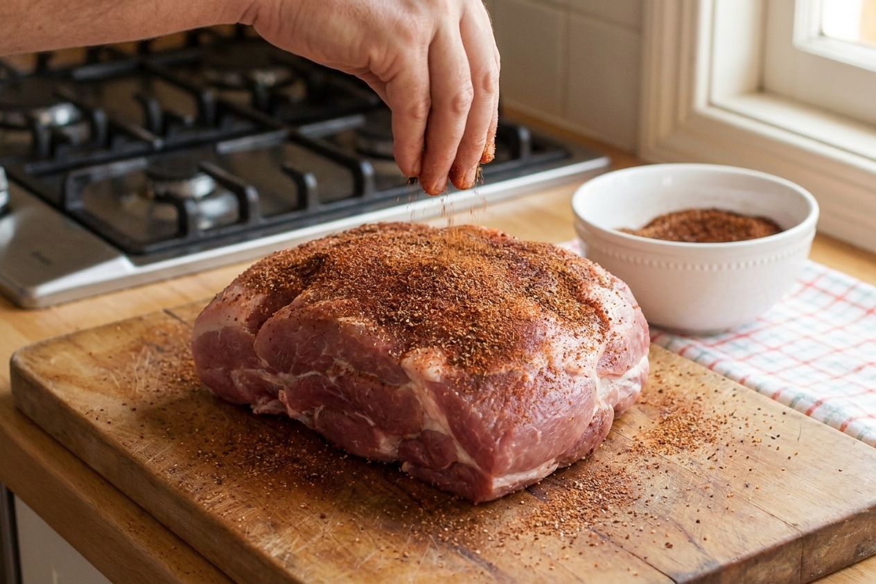 A raw pork shoulder on a cutting board being sprinkled with a smoky spice rub in a home kitchen