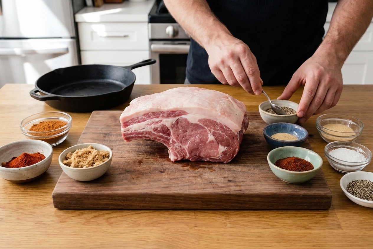 A raw pork shoulder on a large cutting board with visible fat cap, next to small bowls of BBQ rub spices