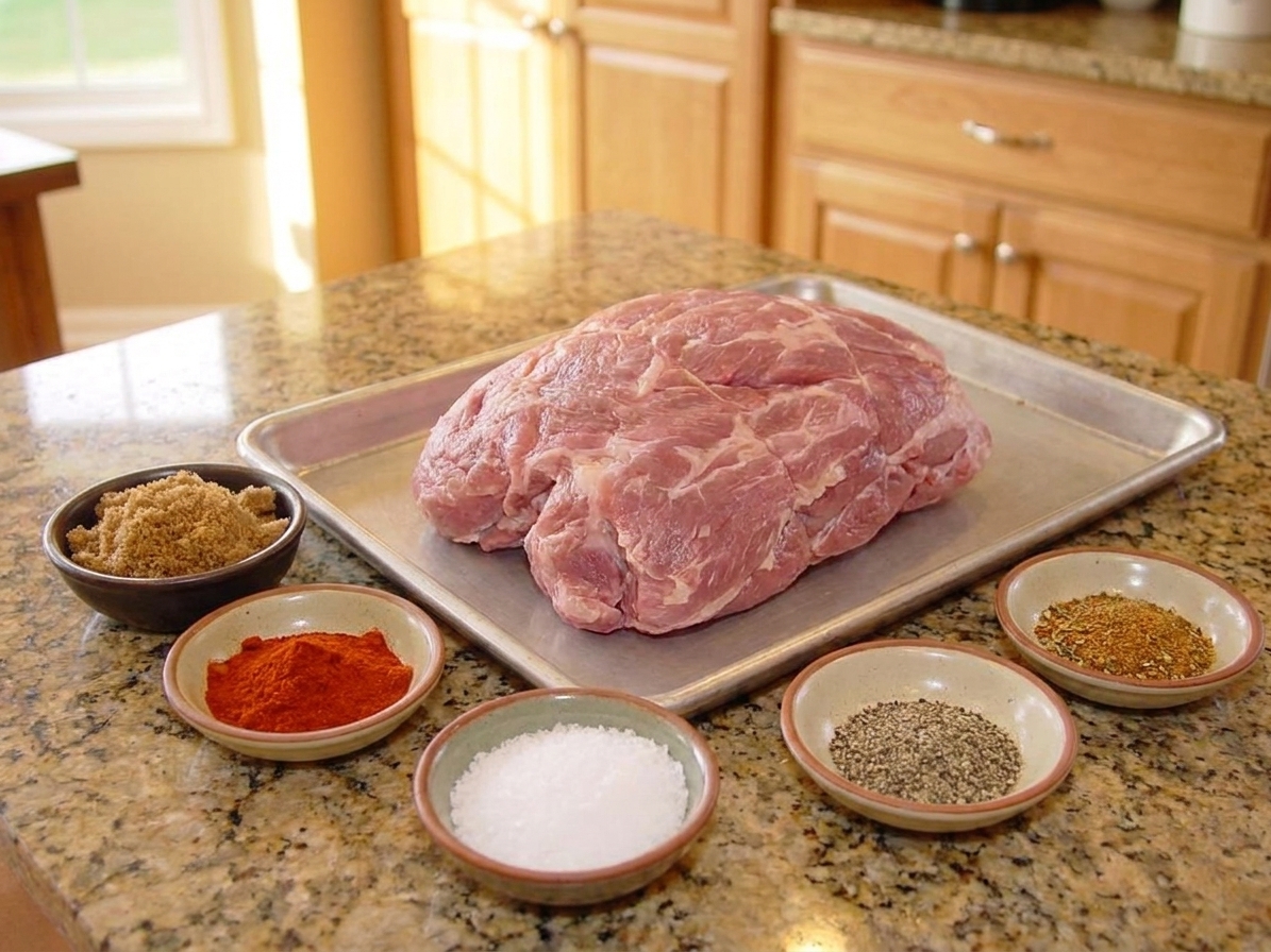 A raw pork shoulder on a rimmed baking sheet with bowls of brown sugar, paprika, salt, pepper, and spices arranged nearby on a kitchen counter