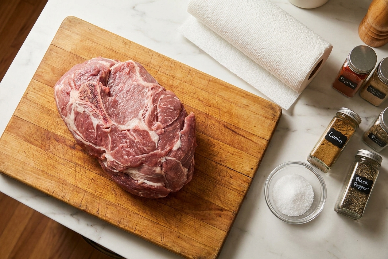 A raw pork shoulder on a wooden cutting board with paper towels, kosher salt, and spice jars nearby on a kitchen counter
