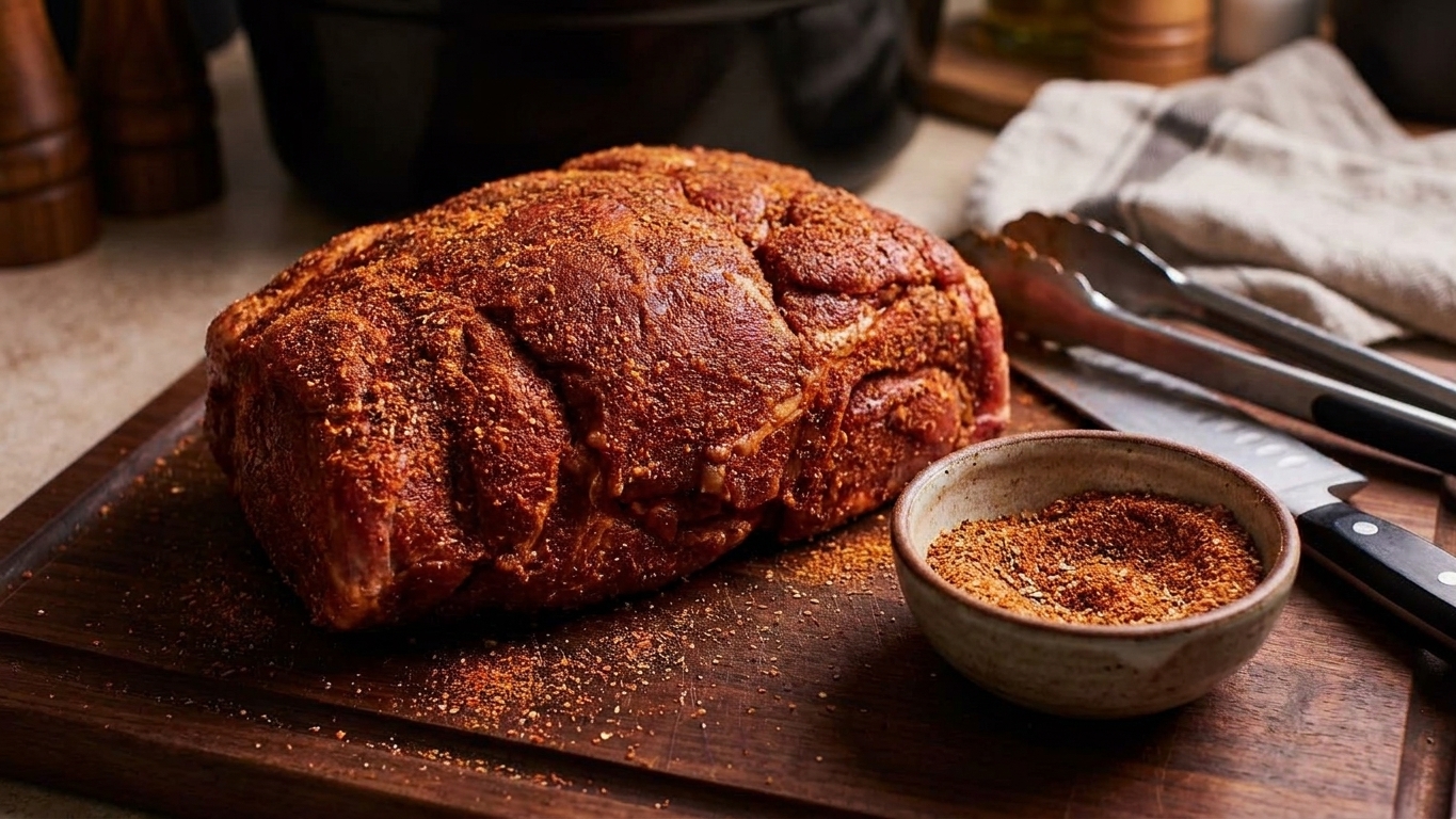 A raw pork shoulder roast coated in a reddish spice rub on a cutting board next to a small bowl of extra seasoning