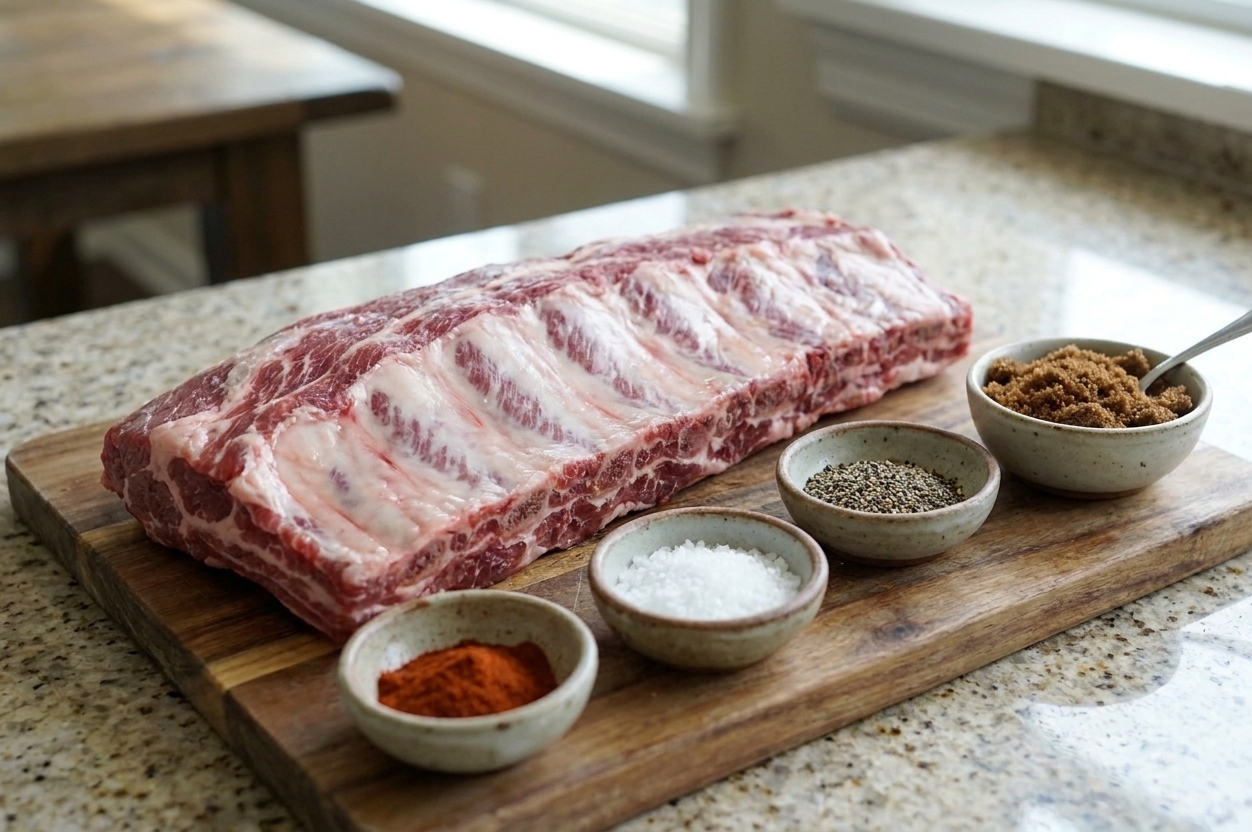 A raw rack of beef back ribs on a cutting board with visible bone and marbling, next to small bowls of salt, pepper, paprika, and brown sugar on a kitchen counter