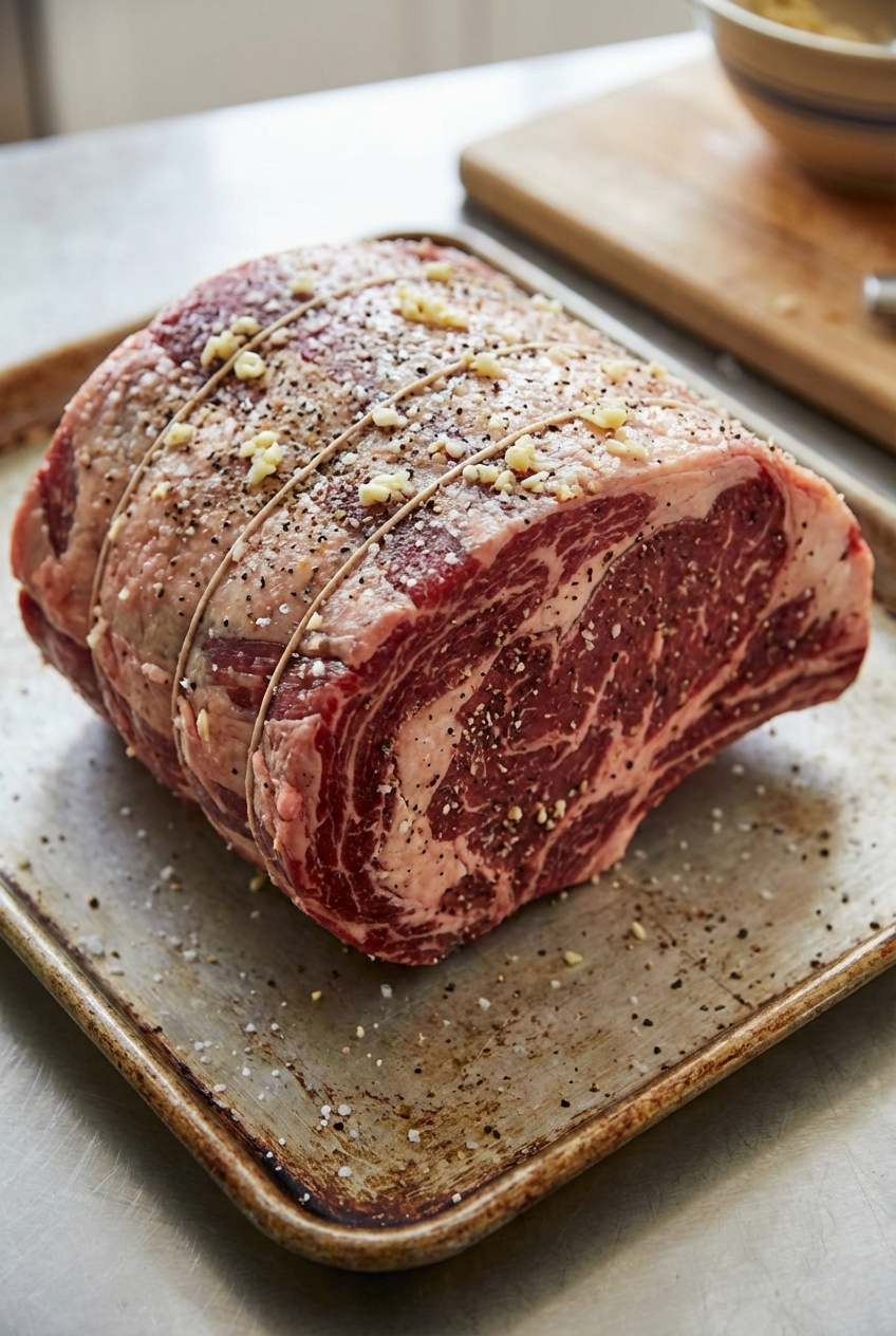 A raw rib roast tied with butcher's twine and rubbed with salt, pepper, and minced garlic on a rimmed baking sheet