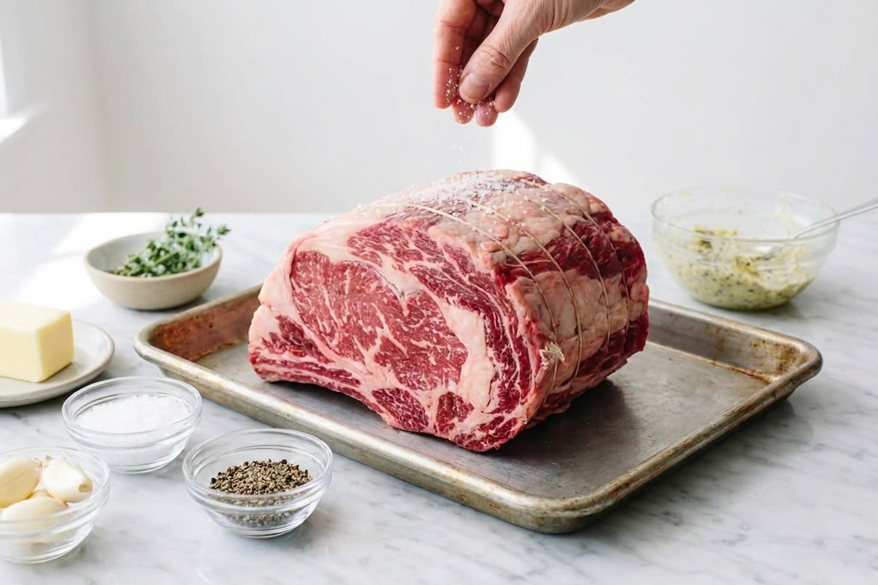 A raw ribeye roast on a sheet pan next to bowls of kosher salt, black pepper, garlic, fresh herbs, and butter on a bright kitchen counter