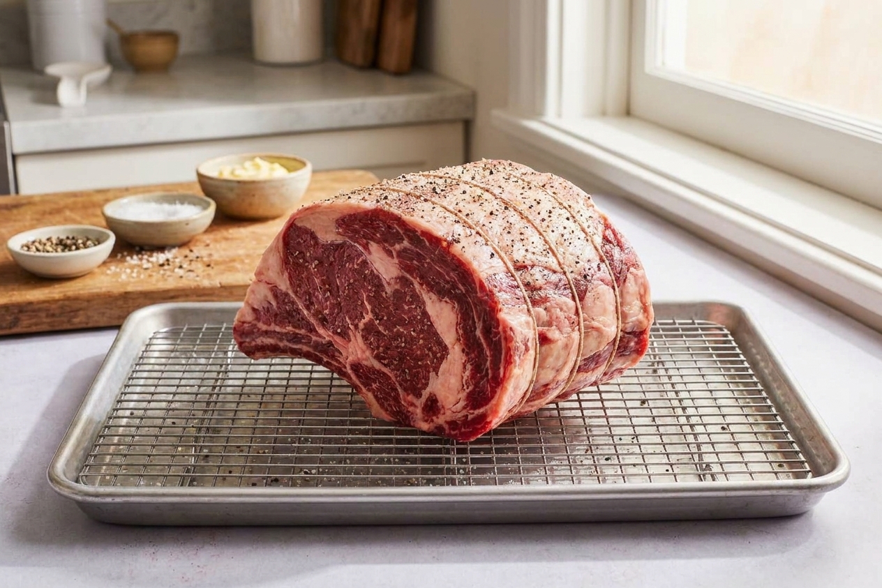 A raw ribeye roast resting on a wire rack set over a rimmed baking sheet on a clean kitchen counter