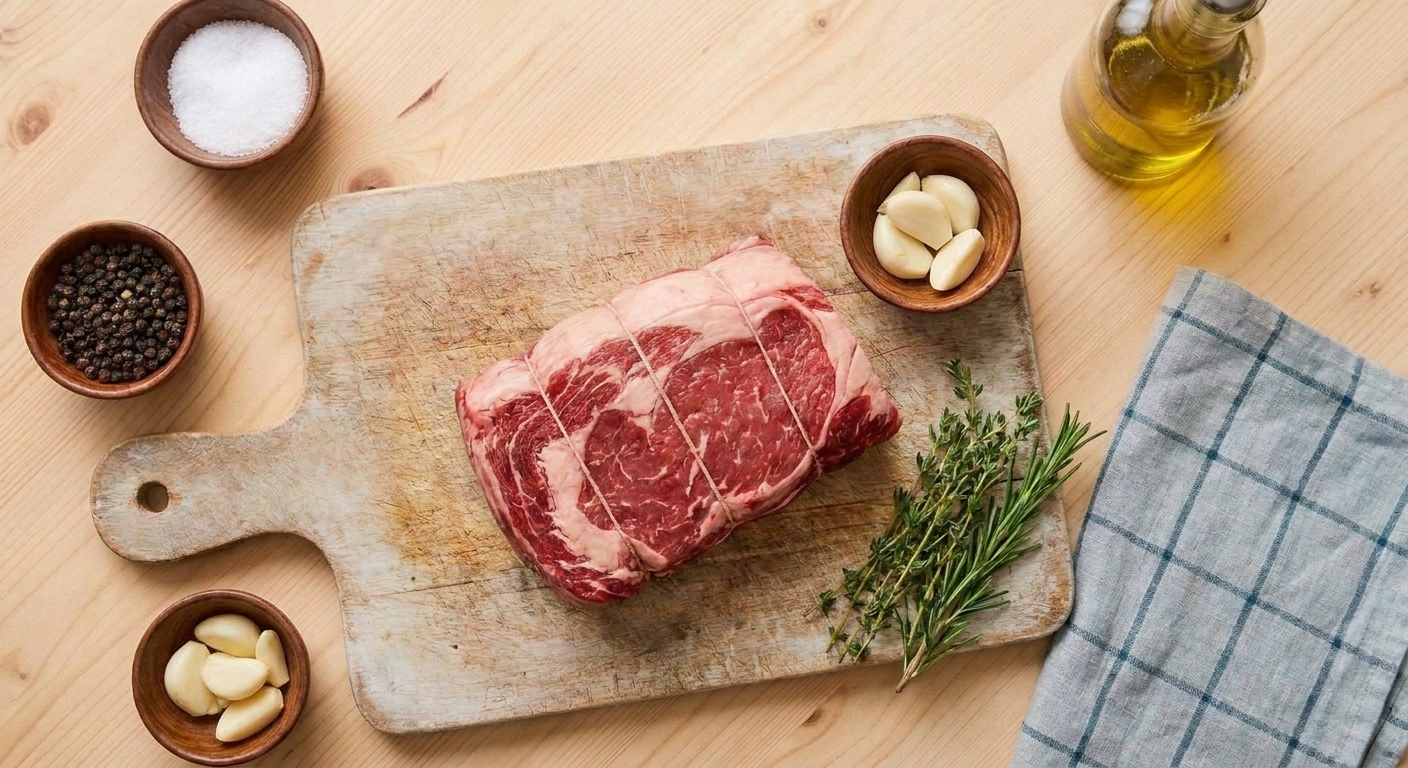 A raw ribeye roast tied with butcher's twine on a cutting board next to kosher salt, black pepper, garlic, and fresh herbs in a home kitchen
