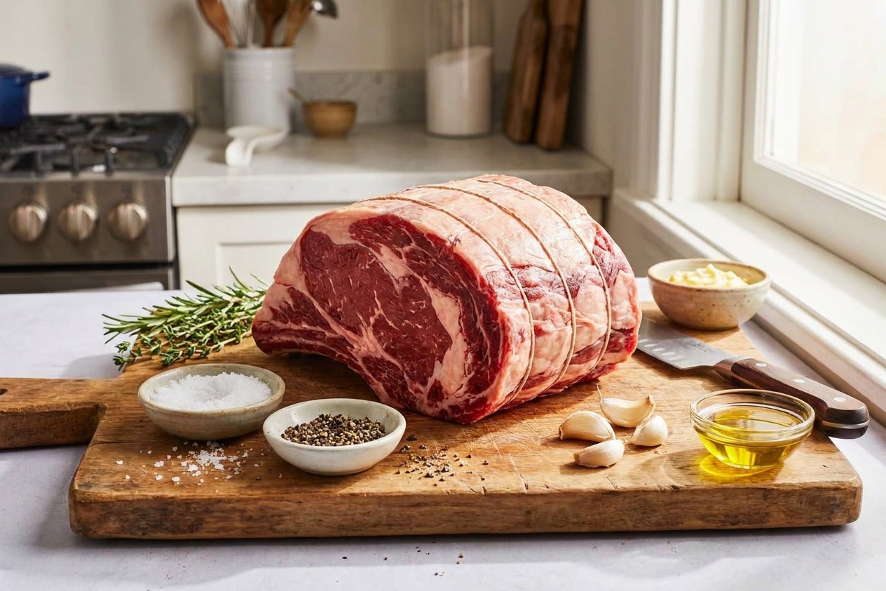 A raw ribeye roast tied with kitchen twine on a wooden cutting board with bowls of salt, pepper, garlic, and fresh herbs nearby on a bright kitchen counter