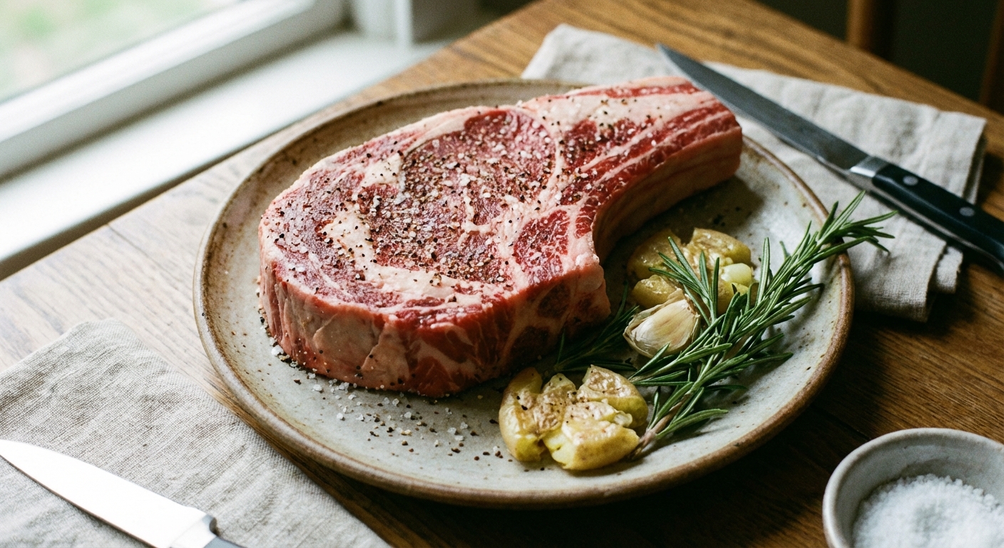 A raw ribeye steak on a plate seasoned generously with kosher salt and black pepper next to garlic cloves and rosemary