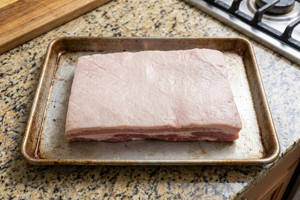 A raw slab of pork belly on a rimmed baking sheet with a visible top fat layer and skin removed, on a bright kitchen counter