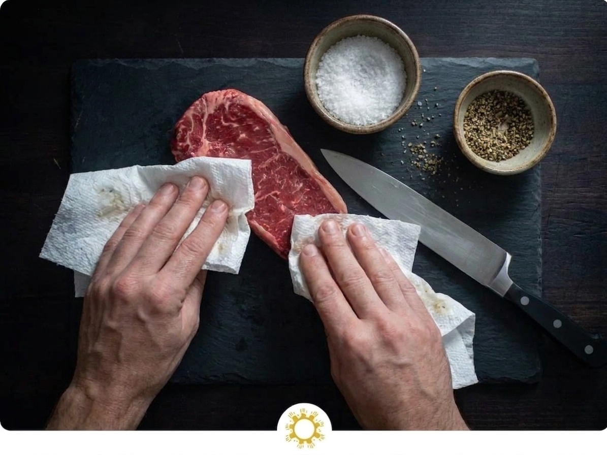 A raw steak on a cutting board with paper towels used to pat the surface dry