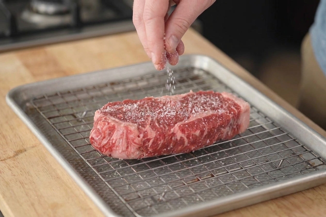 A raw steak on a wire rack set over a rimmed baking sheet, with kosher salt being sprinkled evenly over the surface