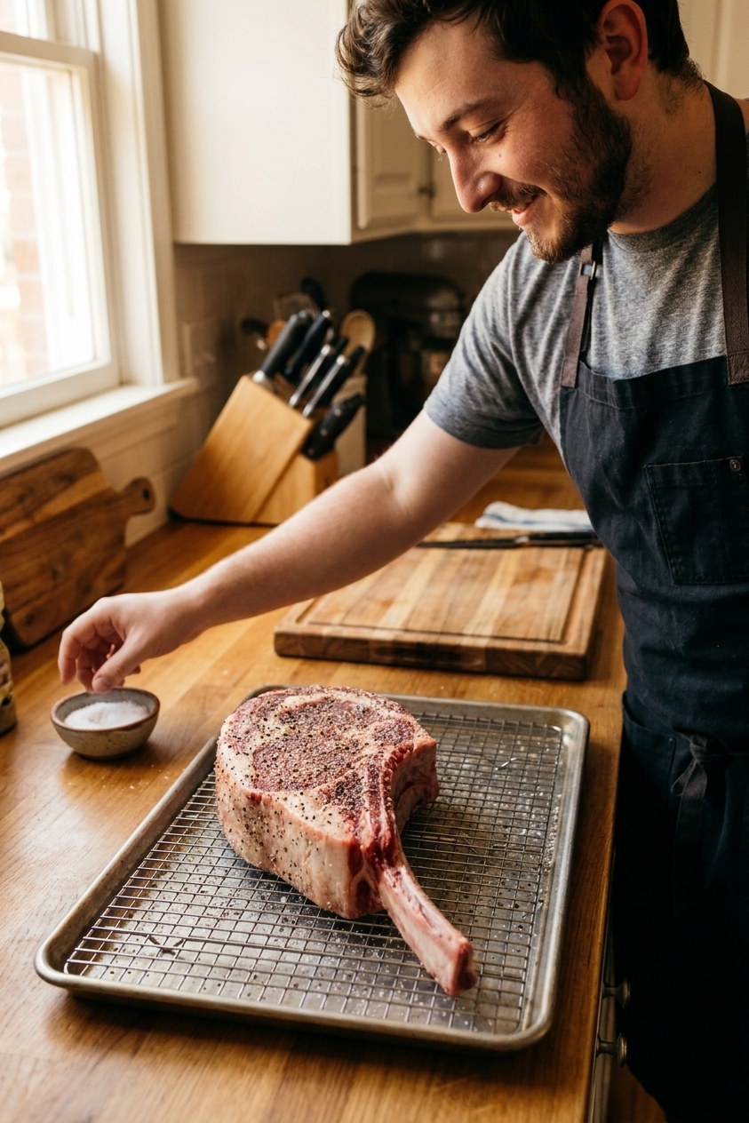 A raw tomahawk steak seasoned with salt and pepper resting on a wire rack set over a baking sheet in a home kitchen