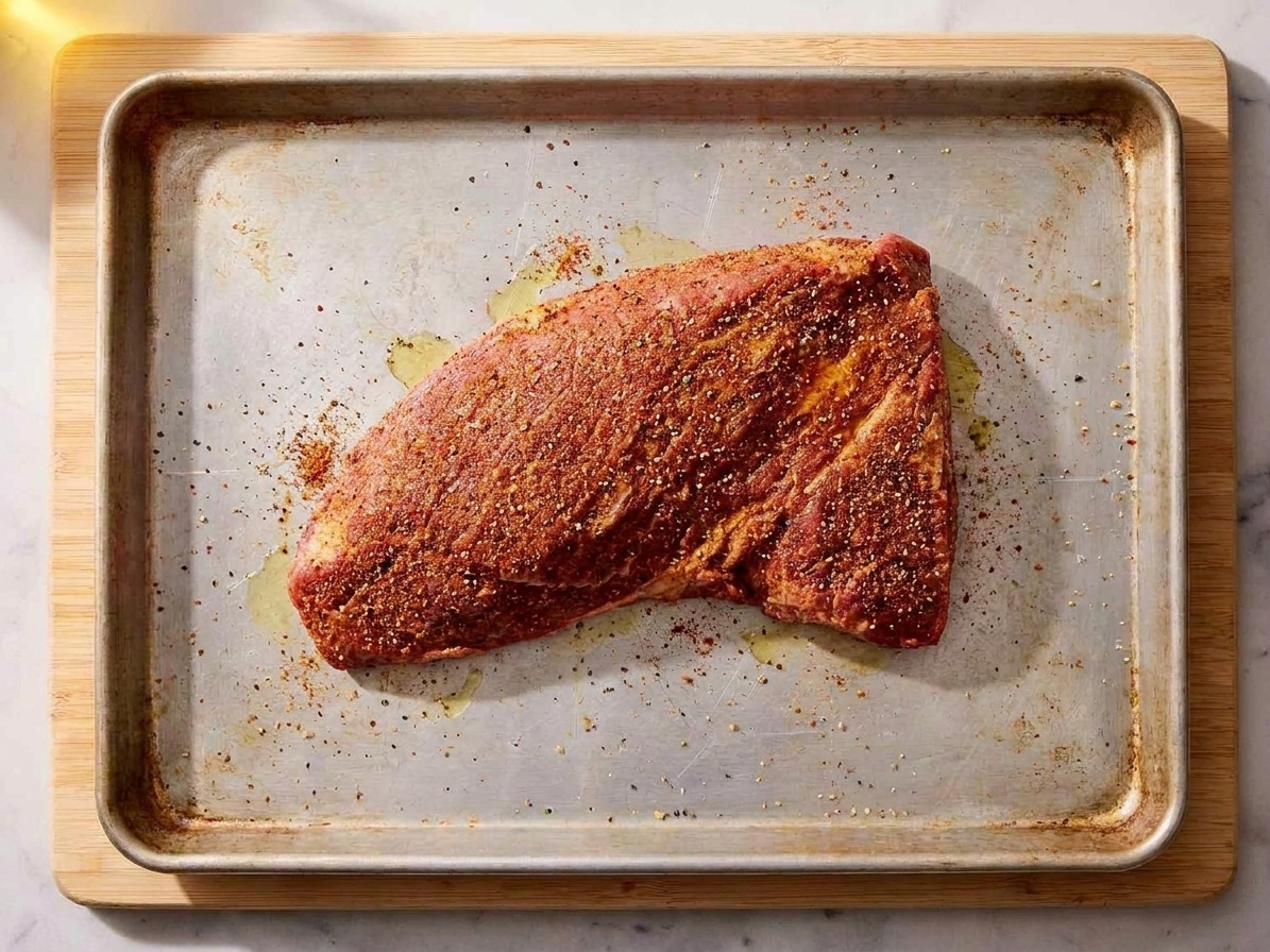 A raw tri-tip roast fully coated in a reddish spice rub on a sheet pan, ready to be seared