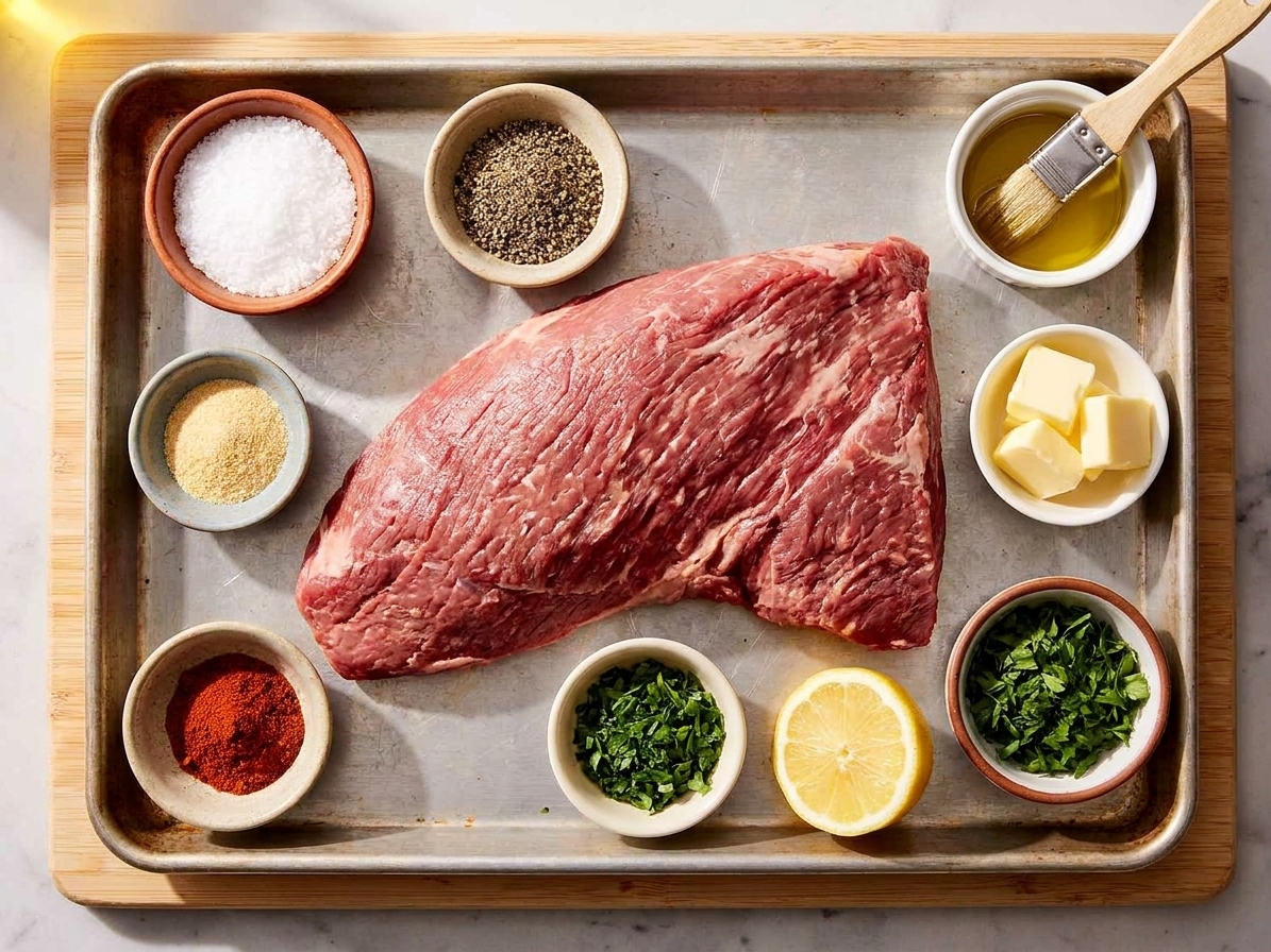 A raw tri-tip roast on a sheet pan beside small bowls of kosher salt, black pepper, garlic powder, smoked paprika, olive oil, butter, parsley, and lemon