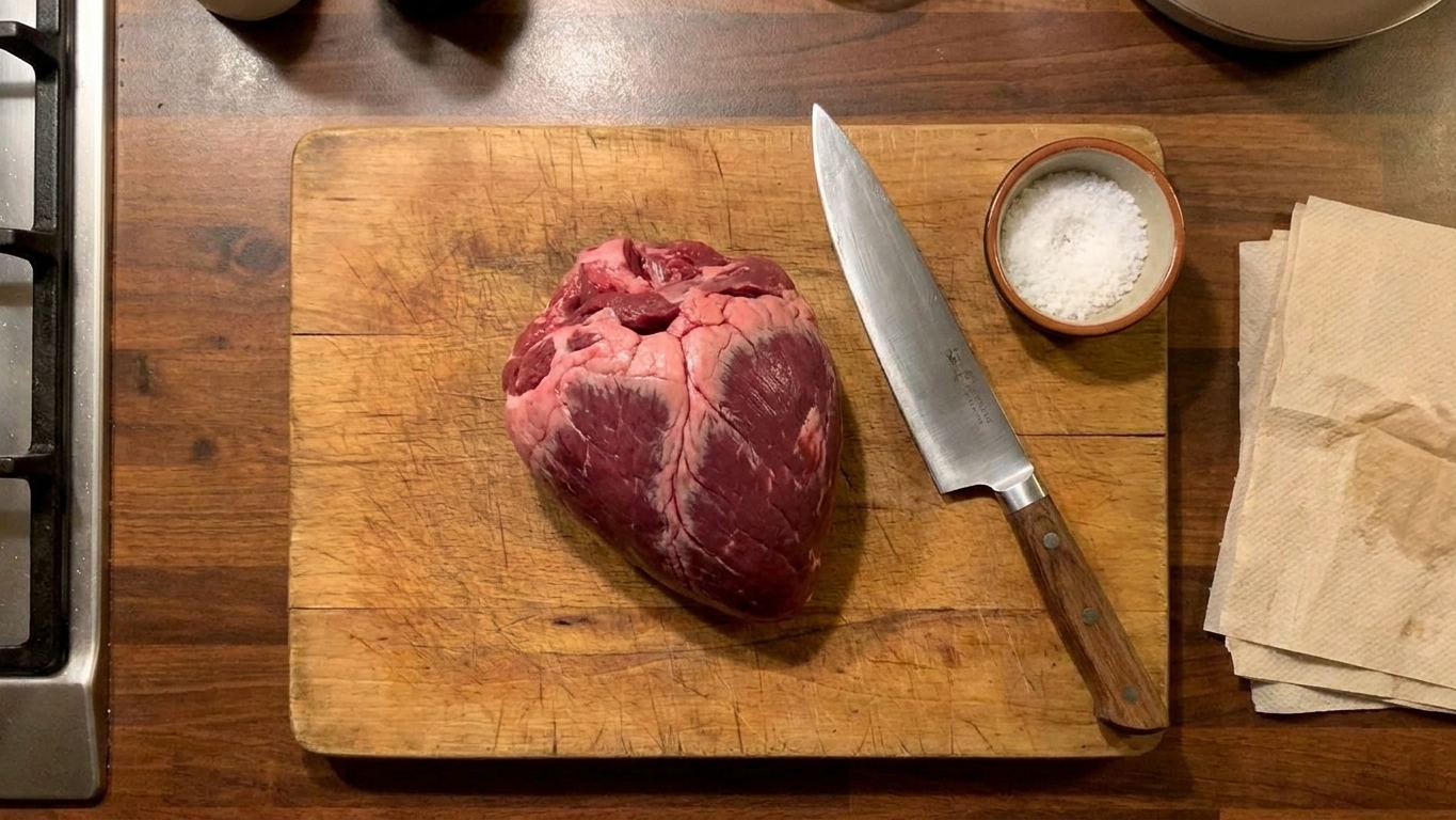 A raw trimmed beef heart on a wooden cutting board with a chef's knife, salt bowl, and paper towels on a home kitchen counter