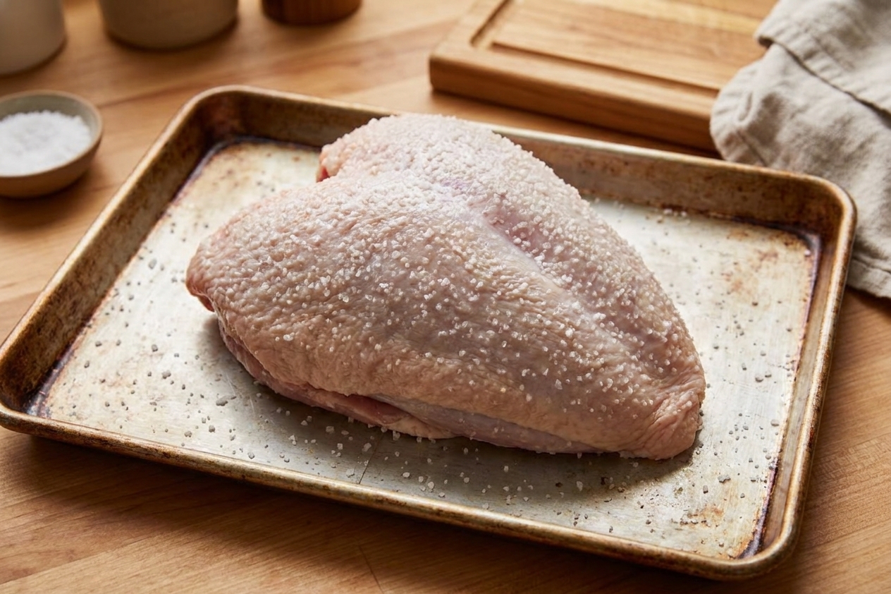 A raw turkey breast resting on a rimmed baking sheet after being evenly salted for dry brining on a kitchen counter